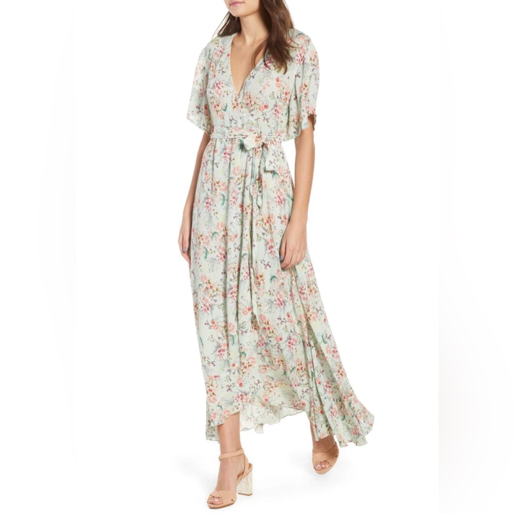 Raga Secret Escape Floral Faux Wrap Maxi Sage Dress Size Small